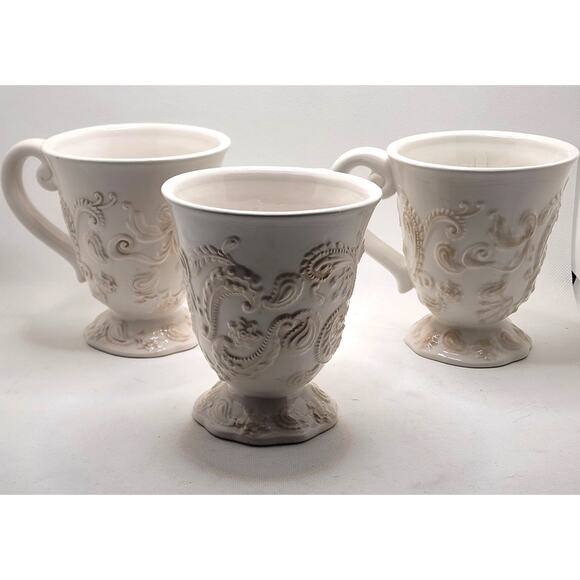 CUPS/MUGS-ROSCHER-Cream on Cream-"Paisley Collection"-Relief-Footed-Set of 3 - Picture 1 of 15
